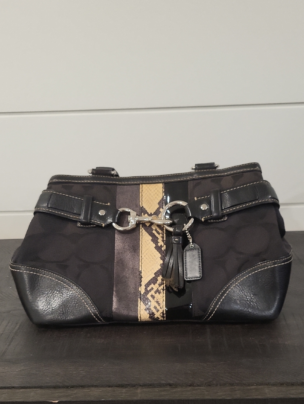 Vintage Coach Black Shoulder Bag with Brown and Yellow Snake-Print Stripe